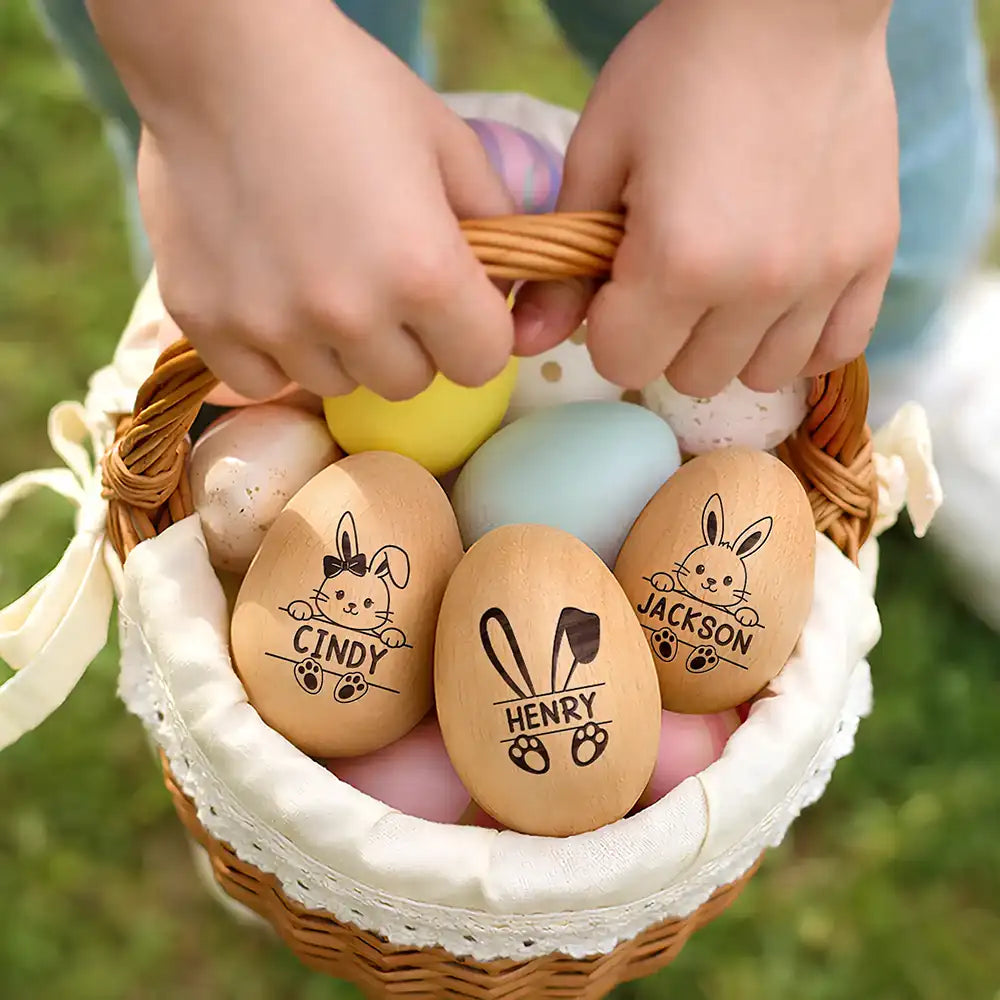 Adorable Bunny With Name - Personalized Musical Wooden Easter Egg Shaker