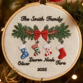 Personalized Family Christmas Embroidery Ornament 2025 | Stockings on Mantel