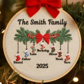 Personalized Family Christmas Embroidery Ornament 2025 | Stockings on Mantel-7