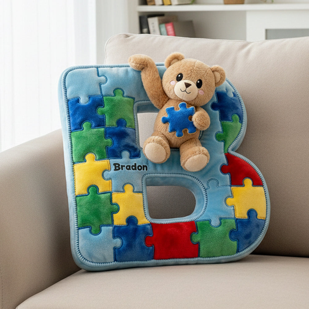 Autism Bear Alphabet Initial Letter Custom Shaped Pillow - Personalized Gifts For Kids