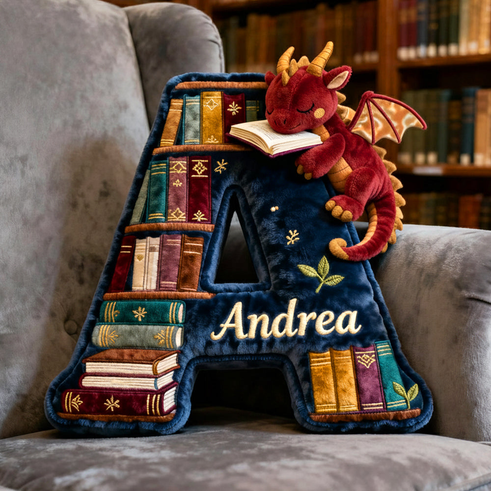 Book Dragon Alphabet Initial Letters Pillow, Personalized Gifts For Book Lovers