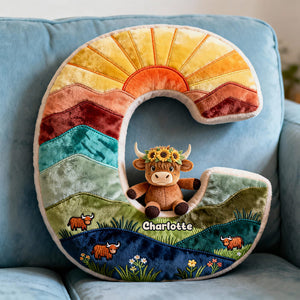 Cute Highland Cow Alphabet Initial Letter Shaped Pillow - Personalized Gifts For Highland Cow Lovers