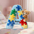 Autism Bear Alphabet Initial Letter Custom Shaped Pillow - Personalized Gifts For Kids