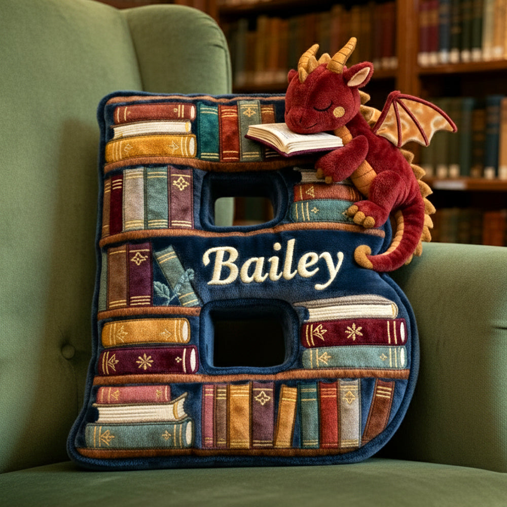 Book Dragon Alphabet Initial Letters Pillow, Personalized Gifts For Book Lovers