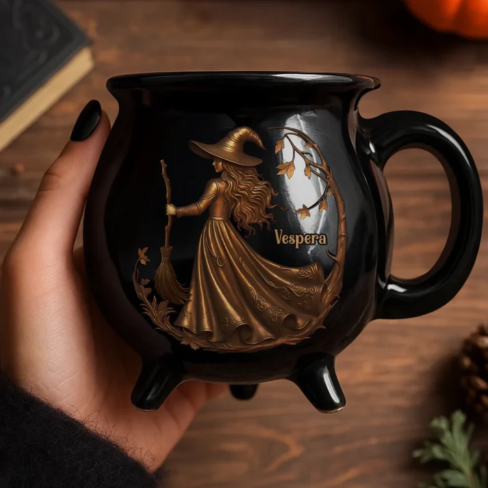 Custom Ceramic Cauldron Coffee Mug – Personalized Halloween Witchy Gift for Besties, Sisters, BFFs, Family & Yourself – “Midnight Magic” Cup