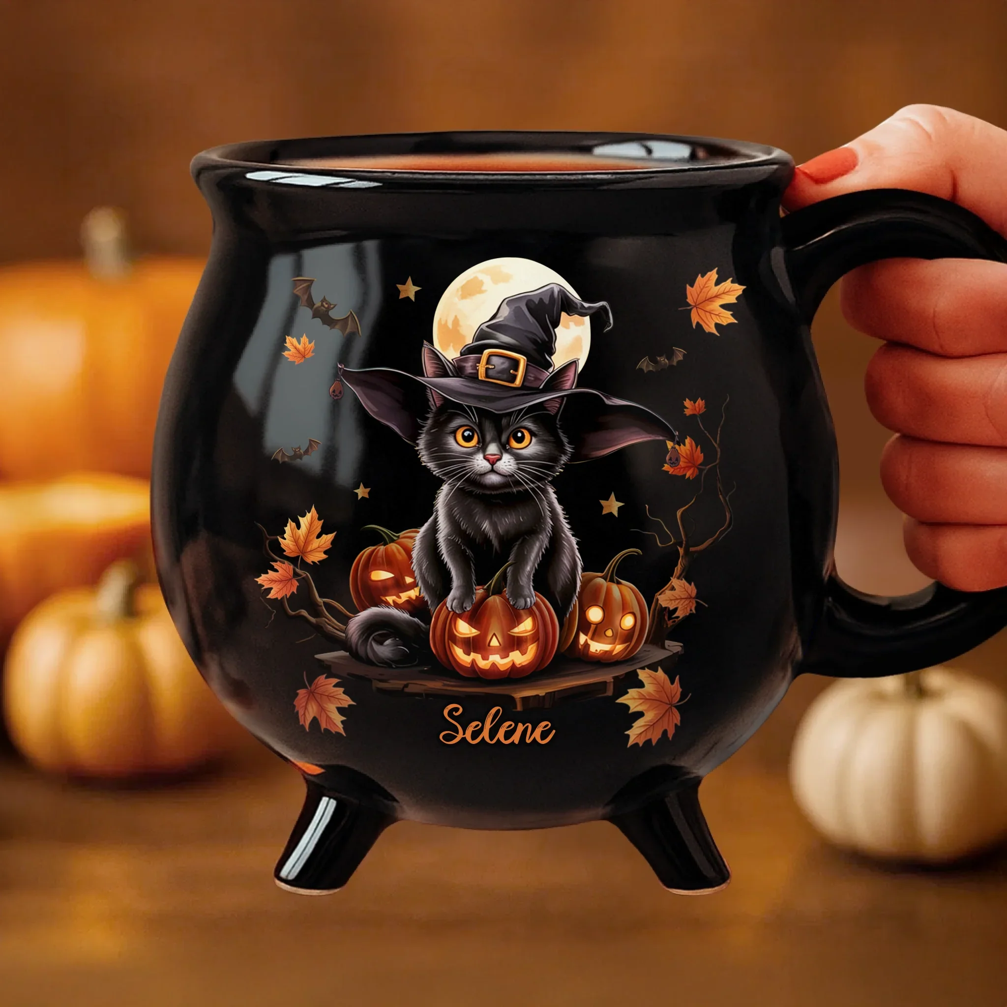 Custom 12oz Ceramic Cauldron Coffee Mug - Personalized Halloween Witchy Gifts For Besties, Sisters, BFF, Family, Yourself - Purrfectly Spooky