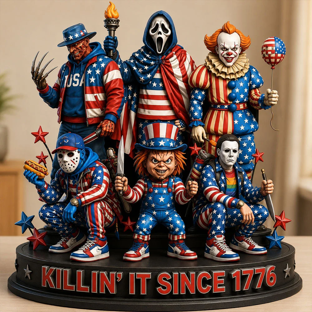 Horror Movie Characters x USA 250th Anniversary Funny Acrylic Block Plaque For Home Decor