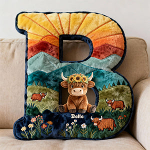 Cute Highland Cow Alphabet Initial Letter Shaped Pillow - Personalized Gifts For Highland Cow Lovers