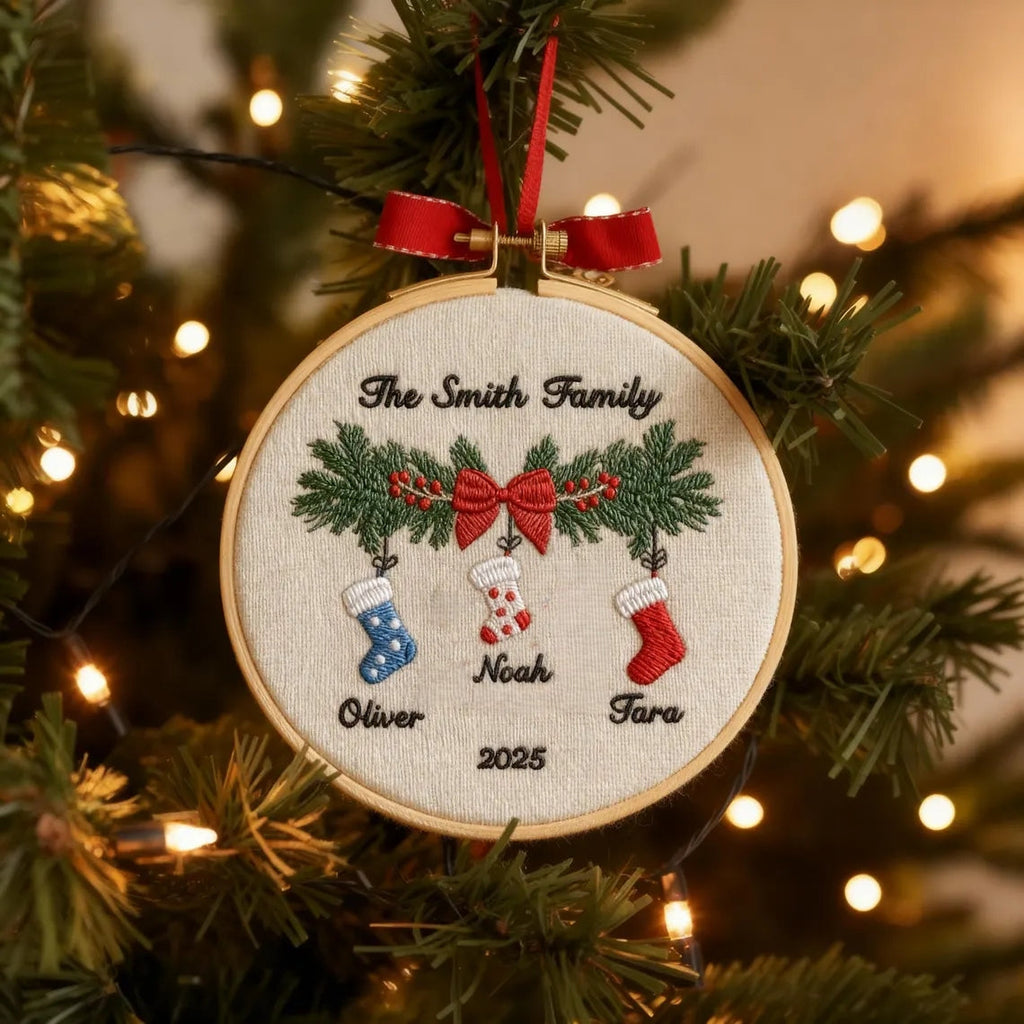 Personalized Family Christmas Embroidery Ornament 2025 | Stockings on Mantel-2