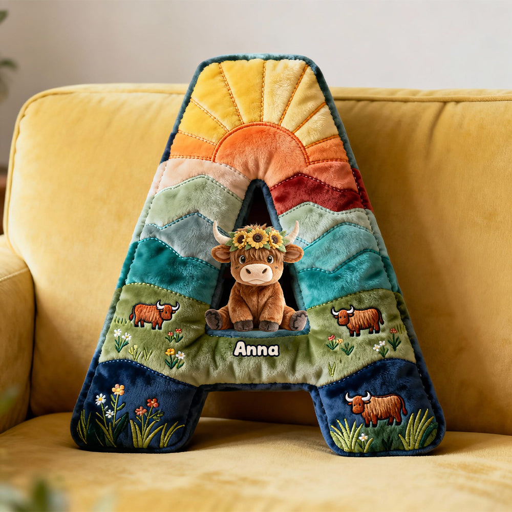 Cute Highland Cow Alphabet Initial Letter Shaped Pillow - Personalized Gifts For Highland Cow Lovers