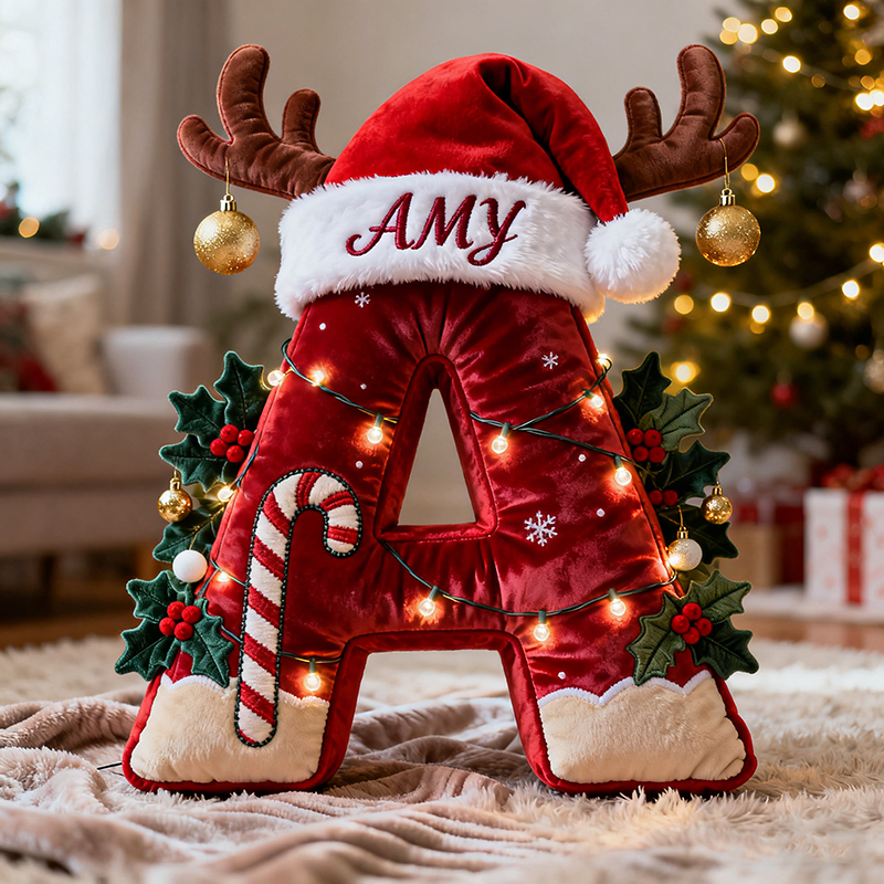 Personalized letter Christmas reindeer pillow.