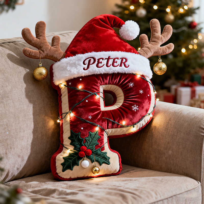 Personalized letter Christmas reindeer pillow.
