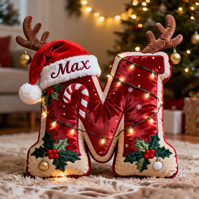 Personalized letter Christmas reindeer pillow.