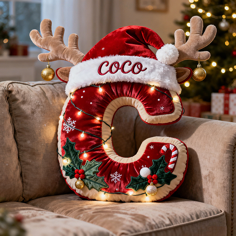 Personalized letter Christmas reindeer pillow.