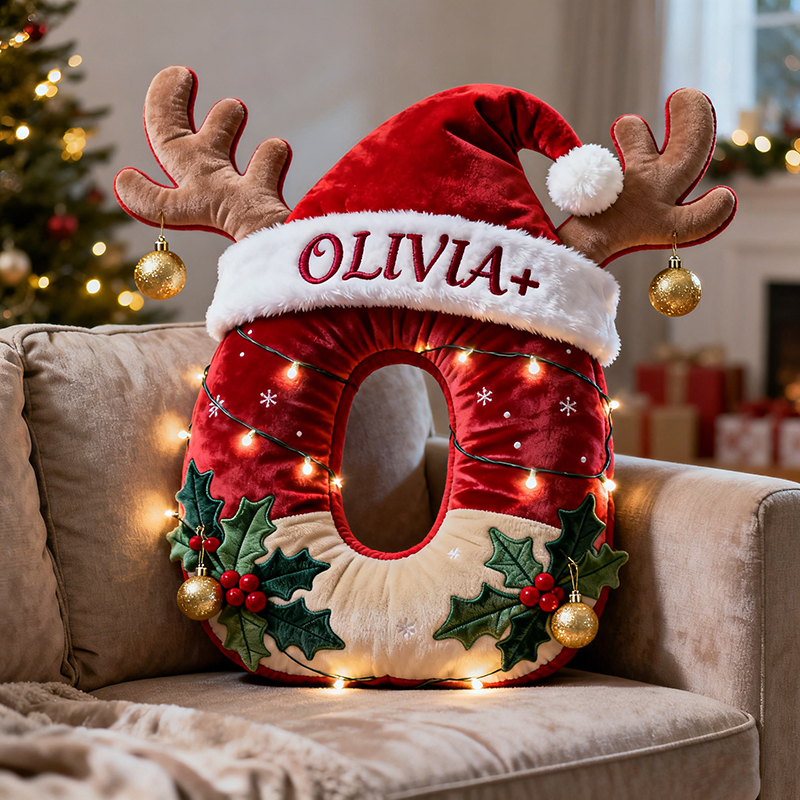 Personalized letter Christmas reindeer pillow.