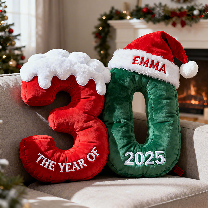 Personalized age Christmas pillows.