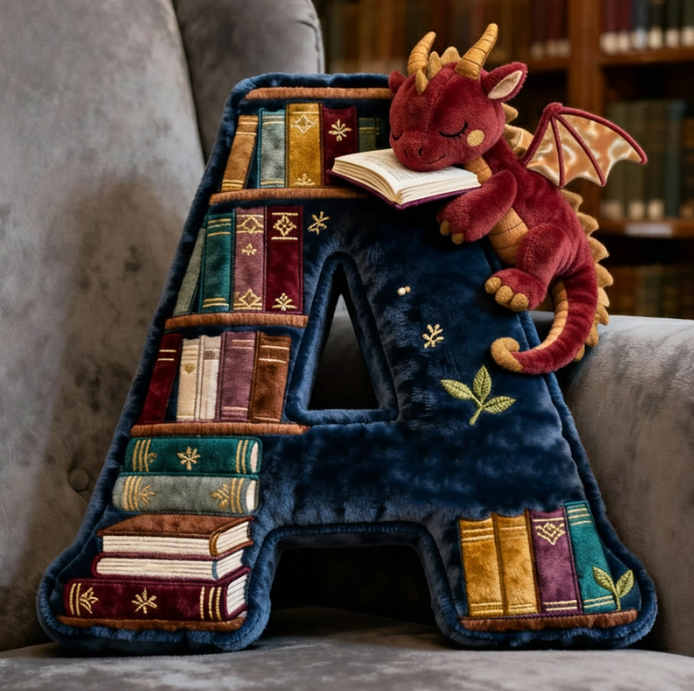 Book Dragon Alphabet Initial Letters Pillow, Personalized Gifts For Book Lovers