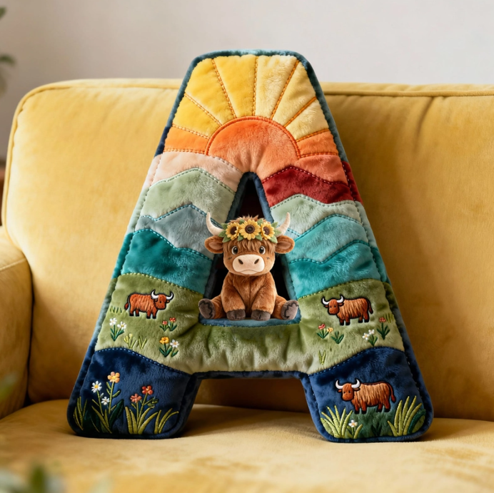 Cute Highland Cow Alphabet Initial Letter Shaped Pillow - Personalized Gifts For Highland Cow Lovers