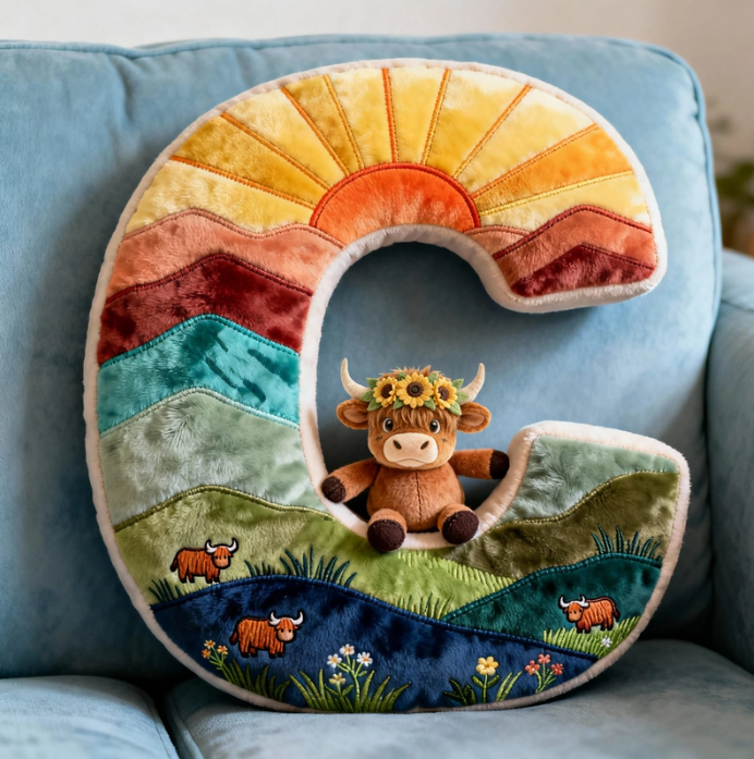 Cute Highland Cow Alphabet Initial Letter Shaped Pillow - Personalized Gifts For Highland Cow Lovers