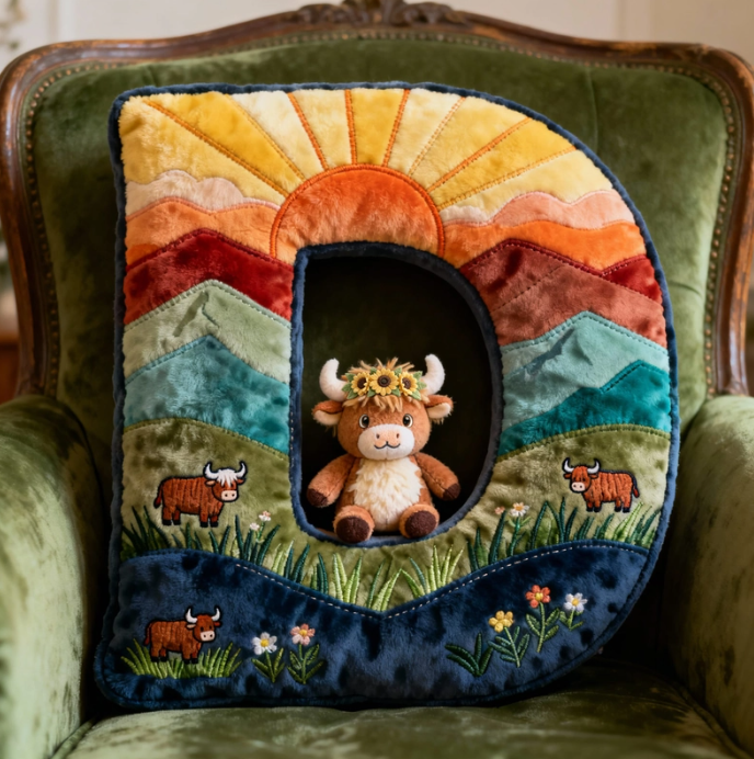 Cute Highland Cow Alphabet Initial Letter Shaped Pillow - Personalized Gifts For Highland Cow Lovers