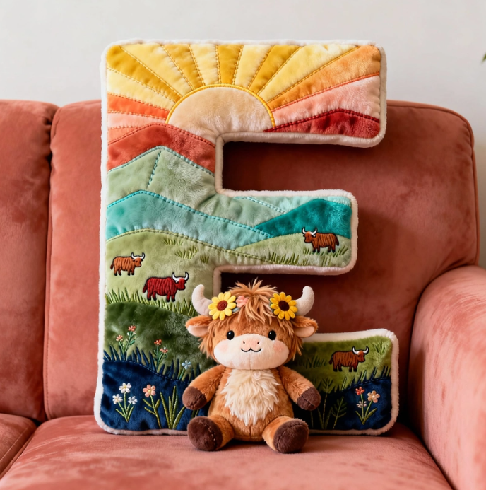 Cute Highland Cow Alphabet Initial Letter Shaped Pillow - Personalized Gifts For Highland Cow Lovers