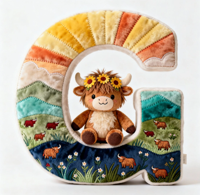Cute Highland Cow Alphabet Initial Letter Shaped Pillow - Personalized Gifts For Highland Cow Lovers