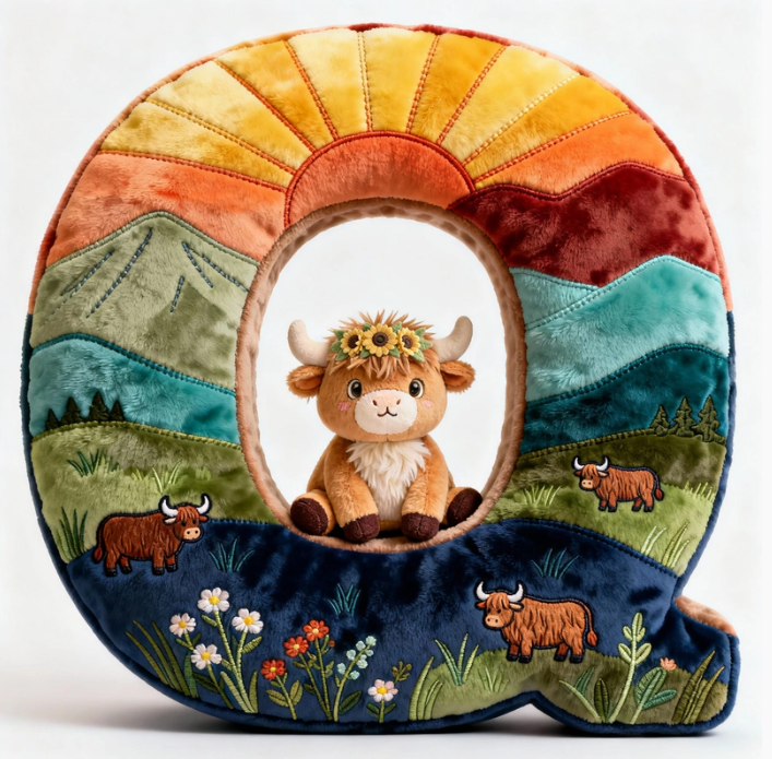 Cute Highland Cow Alphabet Initial Letter Shaped Pillow - Personalized Gifts For Highland Cow Lovers