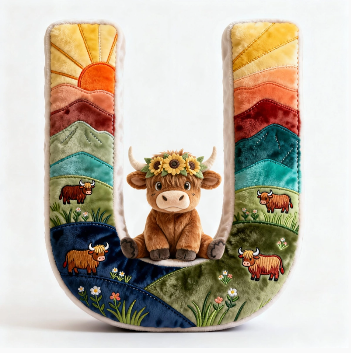 Cute Highland Cow Alphabet Initial Letter Shaped Pillow - Personalized Gifts For Highland Cow Lovers