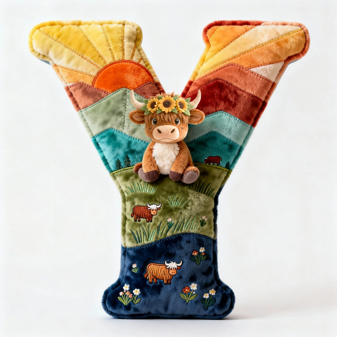 Cute Highland Cow Alphabet Initial Letter Shaped Pillow - Personalized Gifts For Highland Cow Lovers